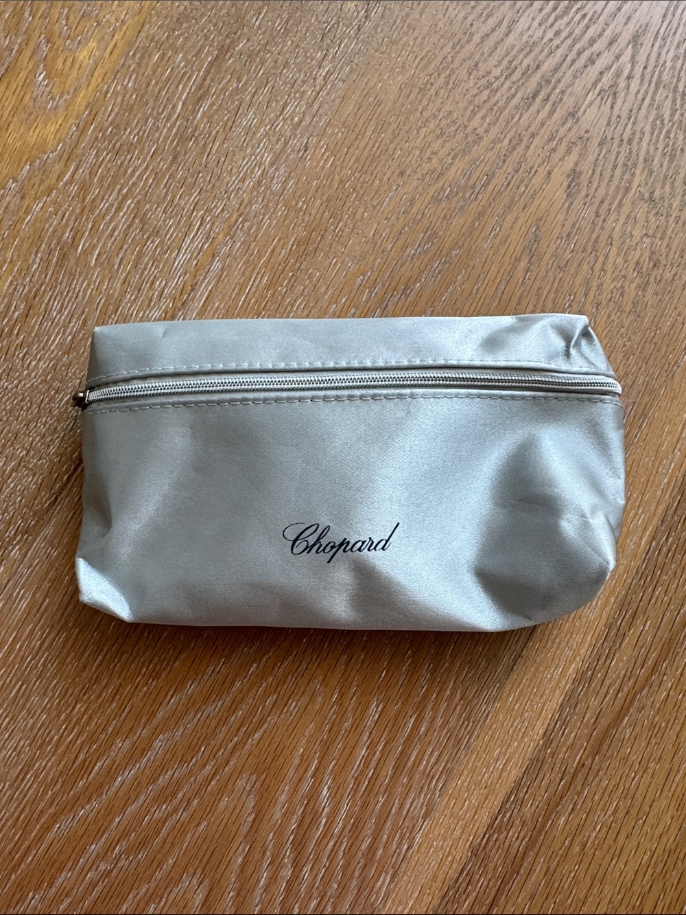 Chopard Silver Satin Cosmetic Pouch with Script Logo